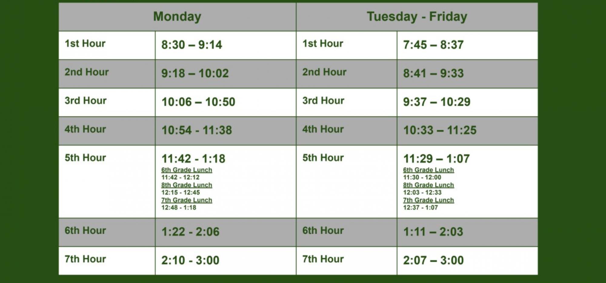 Bell Schedule with Lunch Times